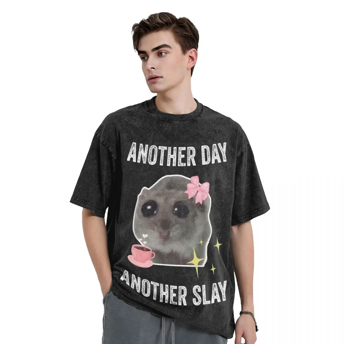 Sad Hamster Another Day Slay Washed T Shirts Vintage Short Sleeve Hip Hop T-Shirt Streetwear Tops Tees for Men Women
