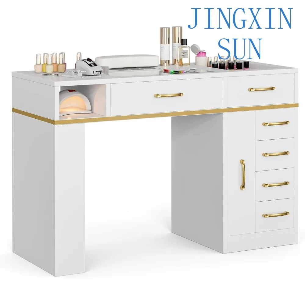 Nail Tech Table with Dust Collector, Glass Top Manicure Table Nail Desk Station w/7 Drawers & 3-Tiers Open Shelves, Nail Beauty