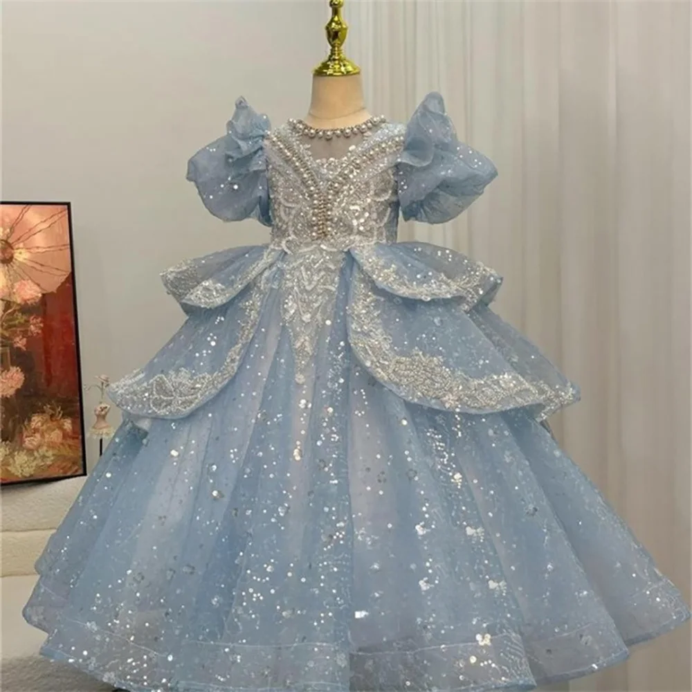 Children Girls Blue Evening Dress for Birthday Party Luxury Embroidery Beading Sequin Kids Princess Dresses Flower Girl Dress