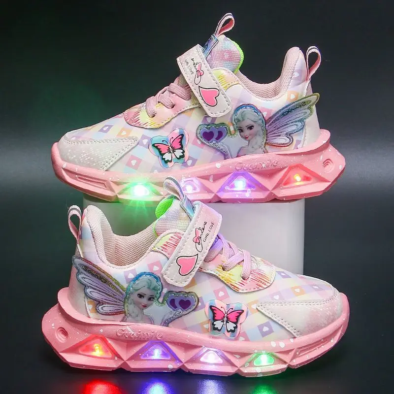 Disney-zapatos informales con luces LED para niña, zapatillas deportivas de malla, transpirables, dibujos animados, Elsa, talla 22