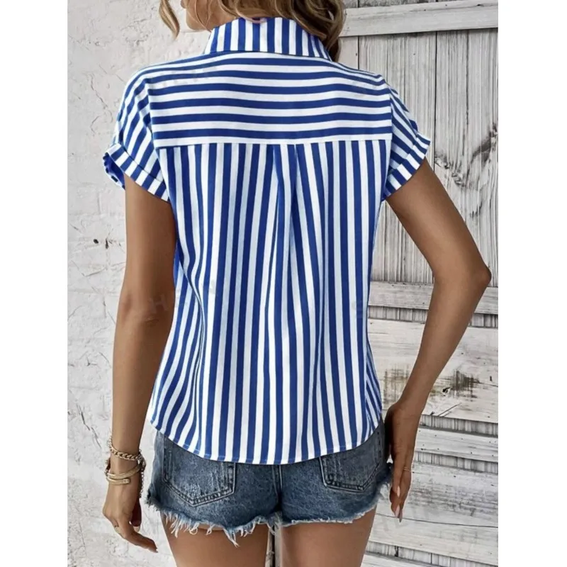 Striped Printed Women's Blouses Summer V-neck Pocket Short Sleeve Shirt For Women Office Elegant Casual Top Female Clothing 2024