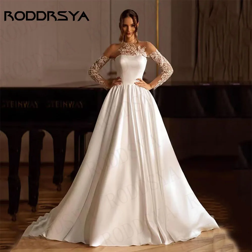 RODDRSYA-Robe de mariée en satin à manches longues, ligne A, col rond, grand nœud, train de balayage, robe de patients, appliques en dentelle, élégante, éducative Robe de mariée à manches longues en satin  Robe de mari