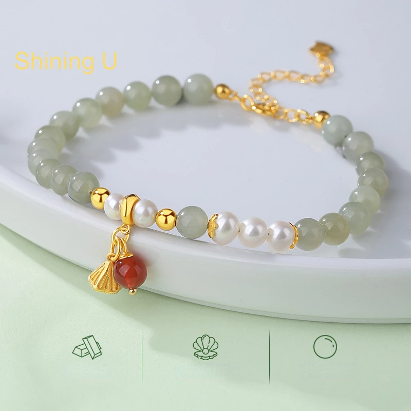 Shining U S925 Silver Pearl Hetian Jade Red Agate Bracelet for Women New Chinese Style Fine Jewelry Gift