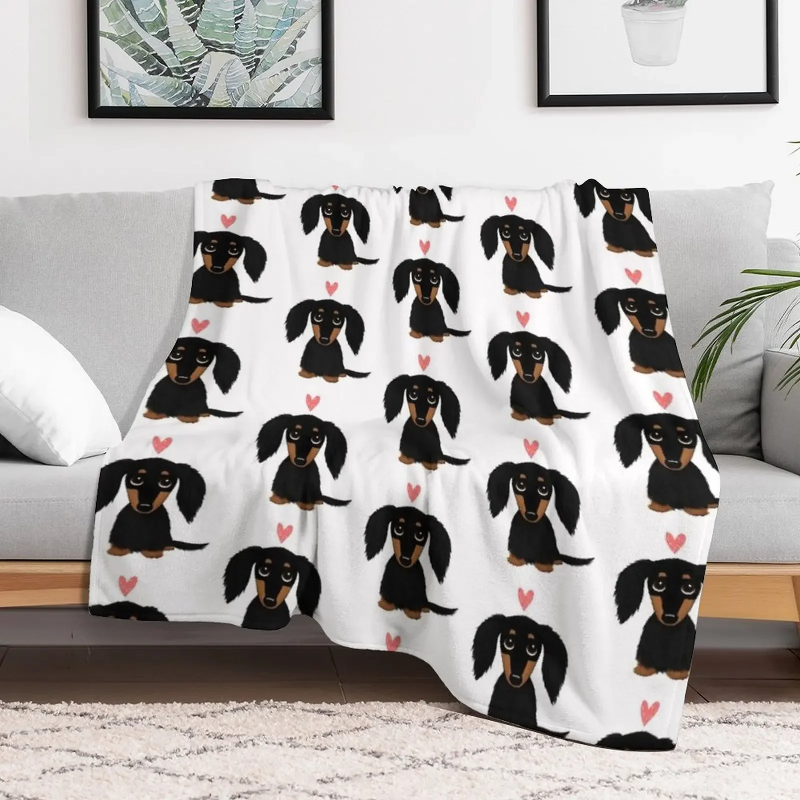 Black and Tan Longhaired Dachshund Cartoon Dog with Heart Throw Blanket Travel Luxury Thicken Quilt Blankets