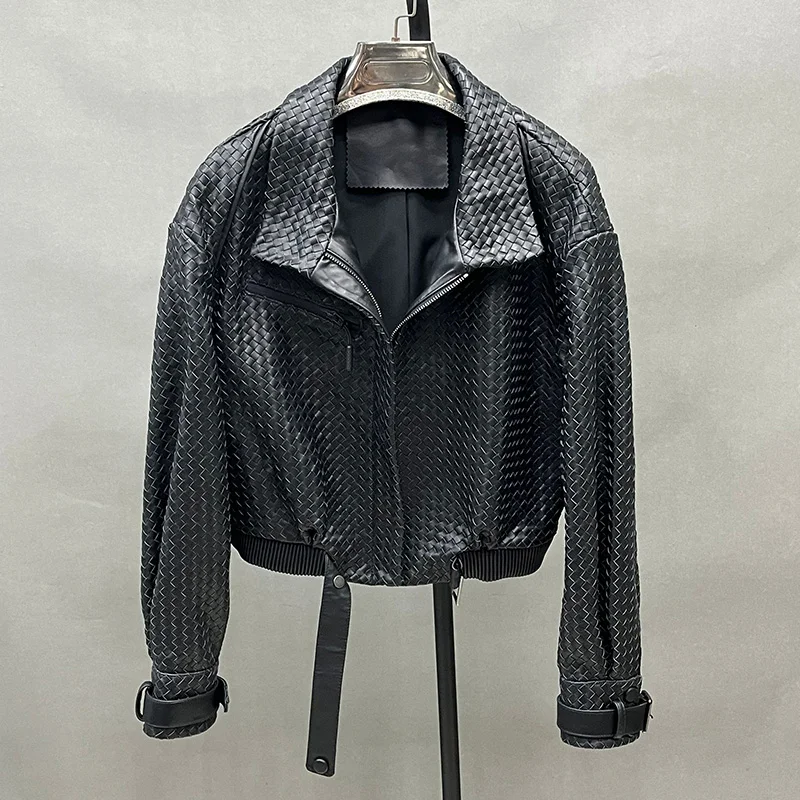 Chaqueta Bomber trenzada de cuero genuino para mujer, abrigo de manga larga con cuello vuelto, ropa de calle de alta calidad, Otoño, nueva moda