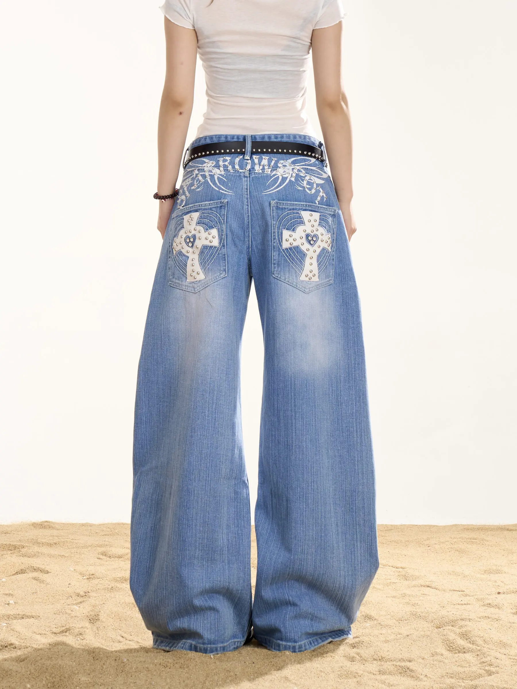 

Retro American Washed Rivet Knife Jeans Women Summer Loose Straight Wide Leg Pants Versatile Long Trousers ONLPP Denim