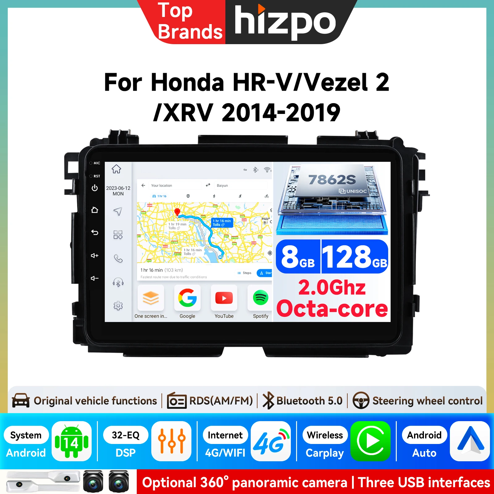 Android für Honda Vezel HR-V HRV XRV 2014 - 2019 Autoradio Multimedia-Stereo-Player GPS-Navigation Carplay 4G LTE Haupteinheit Video