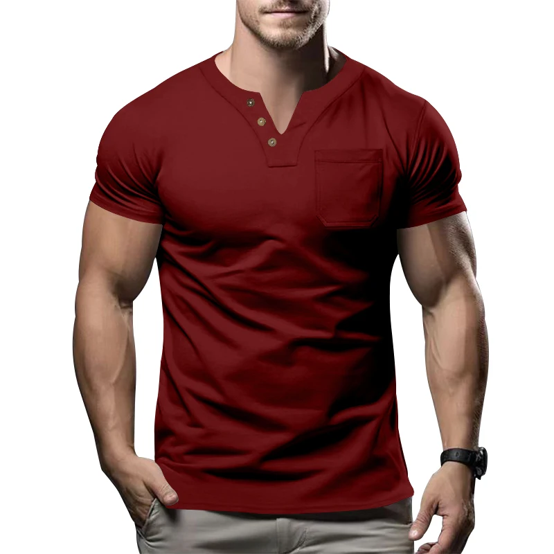 Summer casual T-shirt for men, fashionable and trendy, sporty and slim fitting, solid color V-neck pocket for men, half sleeved