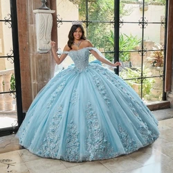 Sky Blue Princess Quinceanera Dresses 2024 Off Shoulder 3D Floral Applique Lace Beads Tull Sequins Lace-up Corset Vestidos 15