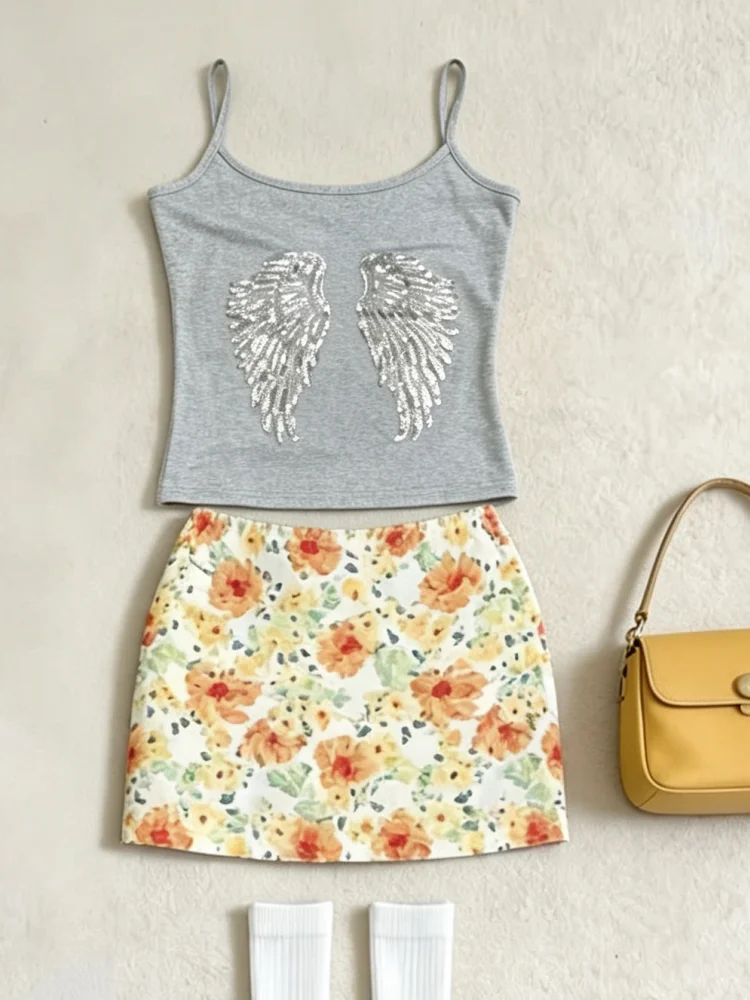 Women Y2K Heather Gray Cami Tank Top Silver Sequin Angel Wing Slim Cropped Camisole