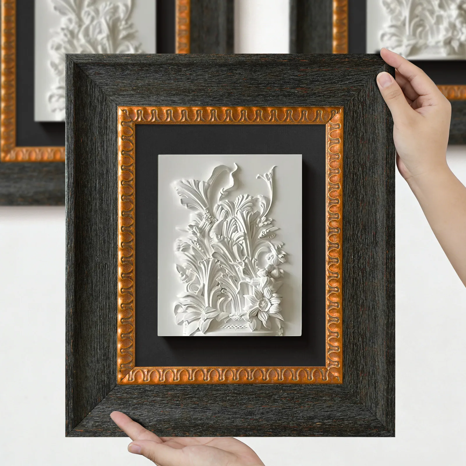 Rustic Dark Grey Wood Frame, Distressed Solid Wood with Antique Embossed Copper Trim for Art Display Home Decor