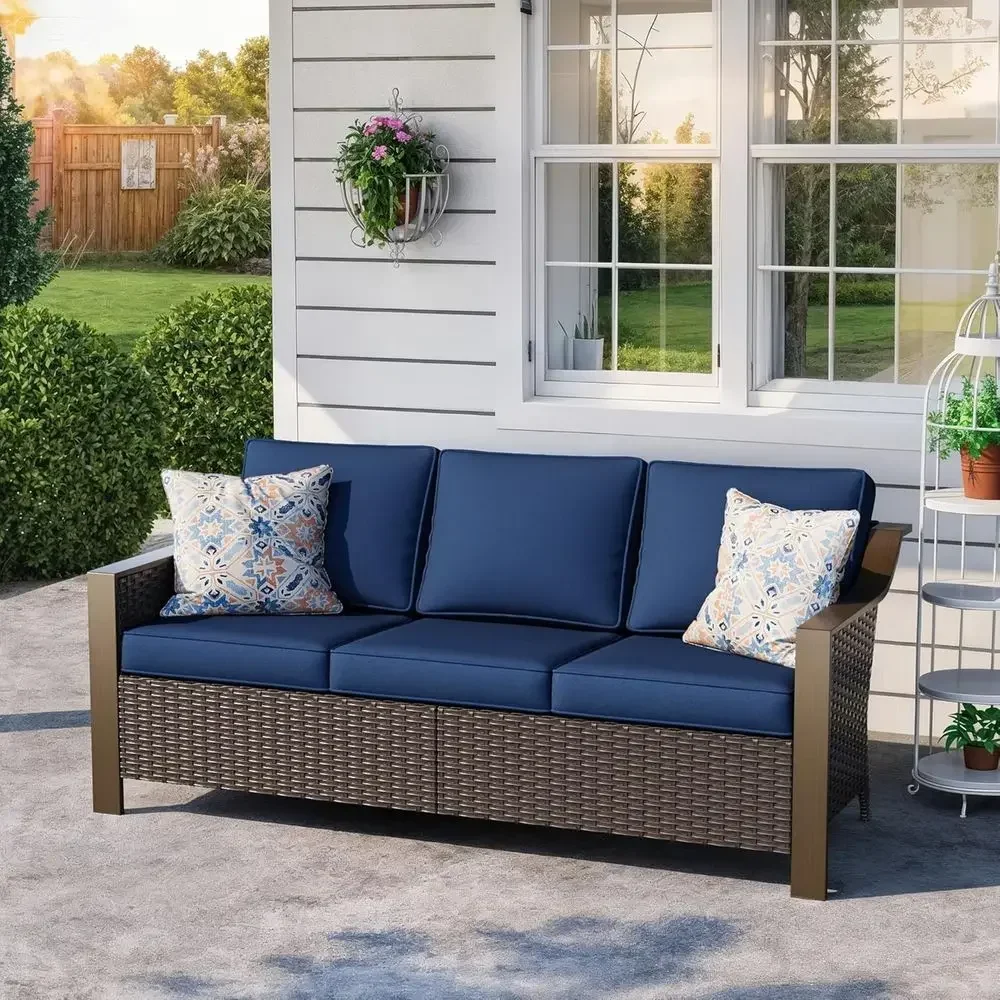 72 Outdoor Wicker 3-Seat Sofa with Deep Seat and Cushions, All-Weather Rattan Loveseat, Washable Covers, Navy Blue