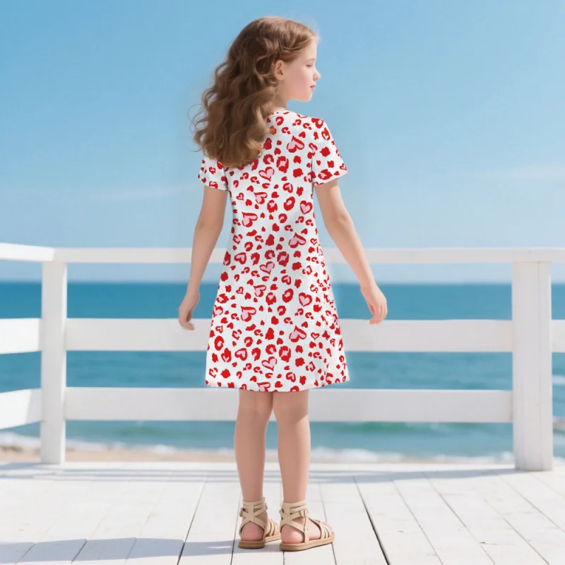 Girls Heart Leopard Print Dress Casual Short Sleeve Midi Summer Outfit Kids Party Princess Clothes 2026 New Style 2