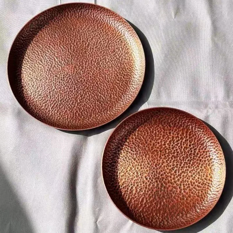 Round Shape Red Copper Cheese Tray,Retro Engraving Hammer Texture Home Portable Food Plate,Snack Fruit Disc Table Decorationk 2