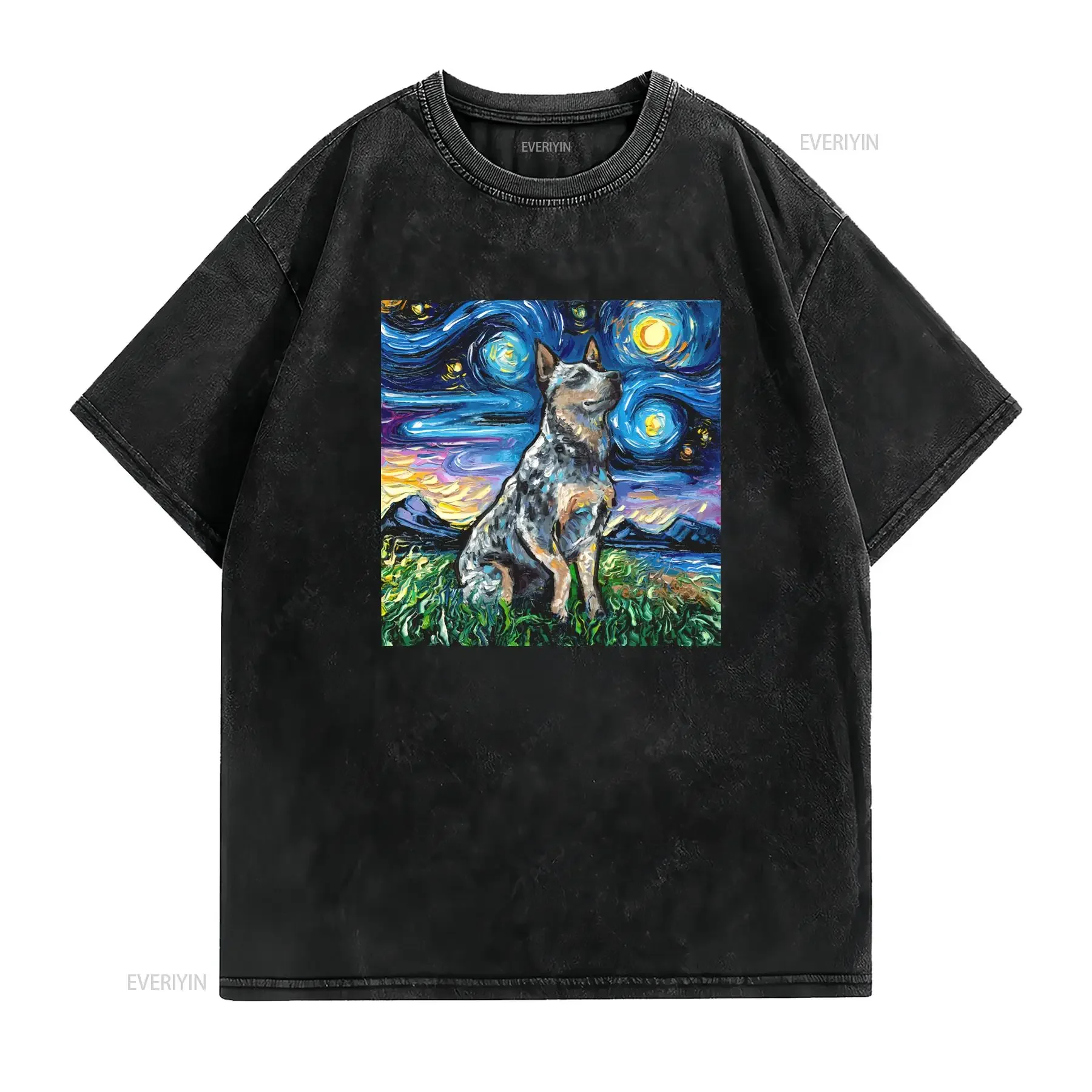 NEW LIMITED Blue Heeler Starry Night Australian Cattle Dog Art T Shirt Size S 5XL vintage Washed Stylish streetwear Comfortable