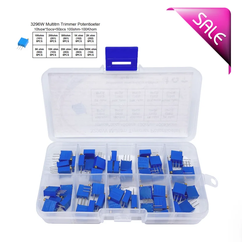 10Values*5pcs Adjustable Resistor Kit Potentiometer 2/5/1/20/50/K 100/200/500Ohm/R 3296w 501 502 503 101 102 103 104 201 202 203