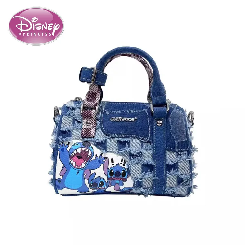 Disney New Cartoon Stitch Denim Shoulder Bag with Hole Splicing Crossbody Bag Portable Pillow Bag