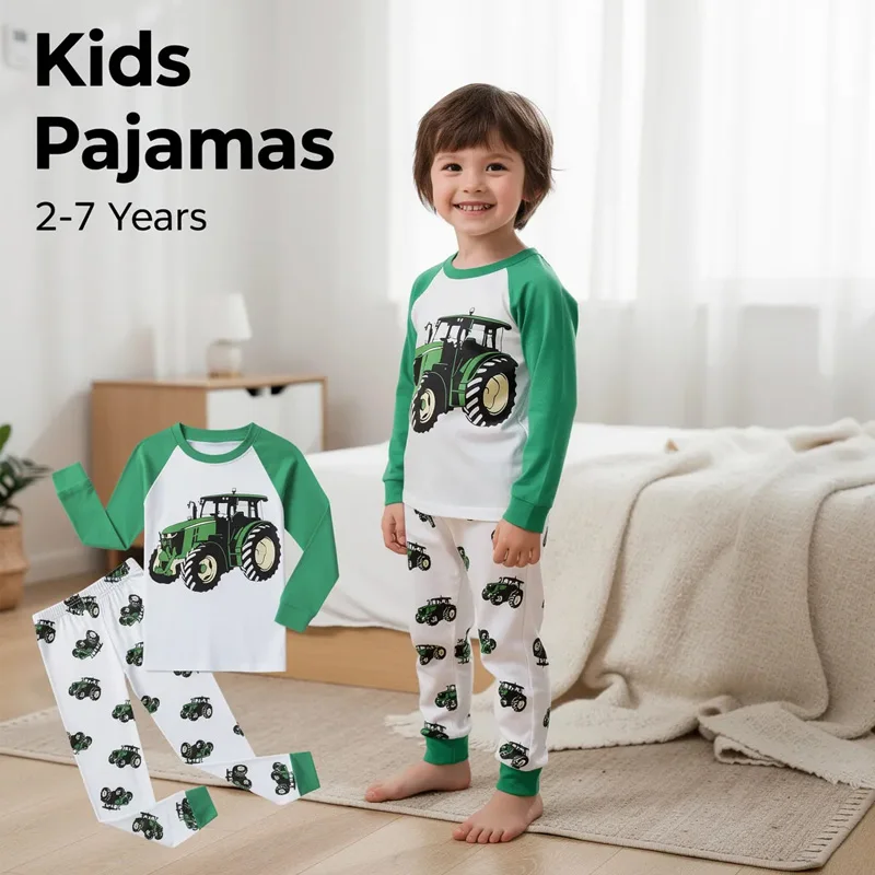 Little Hand Kids Boys Cartoon Vehicle Printed Pyjamas Soft Long Sleeve Night Clothes Loungewear Set for 2-7 Years Toddler
