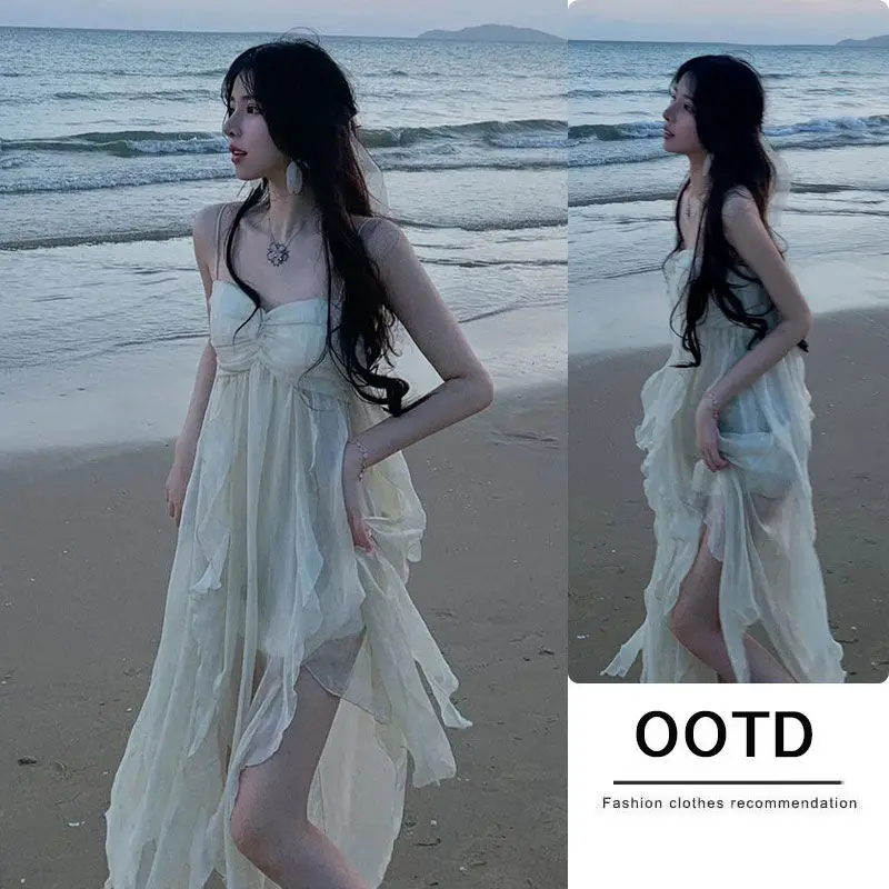 

MAGOGO Seaside Resort Style Irregular Sling Dress Women Summer French Fairy Sweet Solid Color Ruffles Thin Beach Long Dresses