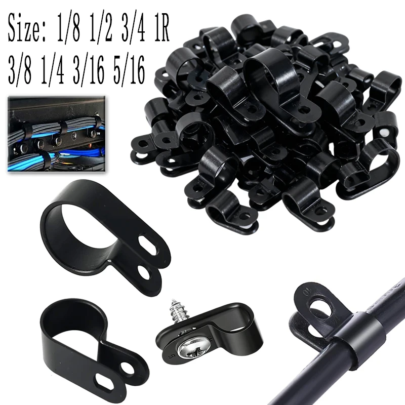 100Pc Cable Clips R-Type Nylon Clamp Plastic Black Hose Fasteners Durables Mount Fix Hardware Electrical Fitting Wire Management