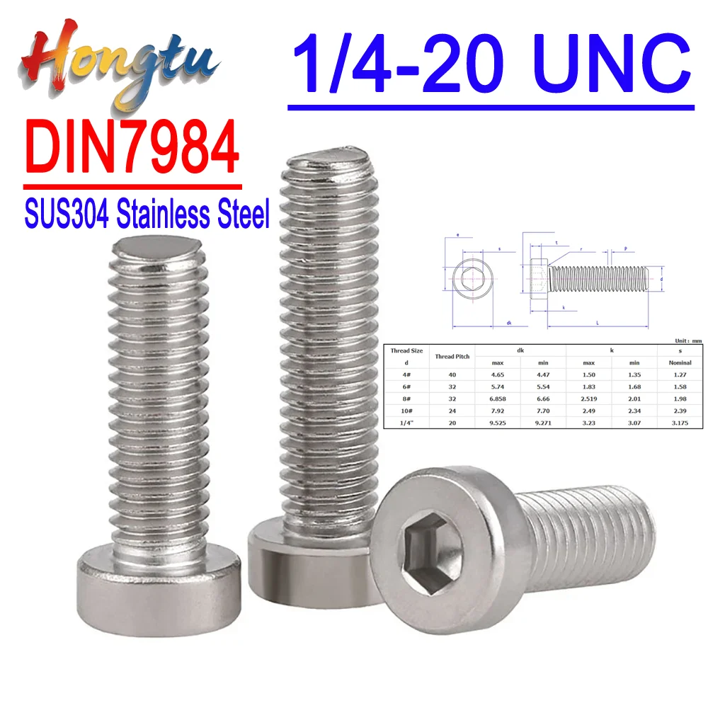 

Hongtu DIN7984 1/4-20 UNC SUS304 Stainless Steel Hexagon Socket Thin Head Cap Screws Allen Key Bolt Low Short Profile Head