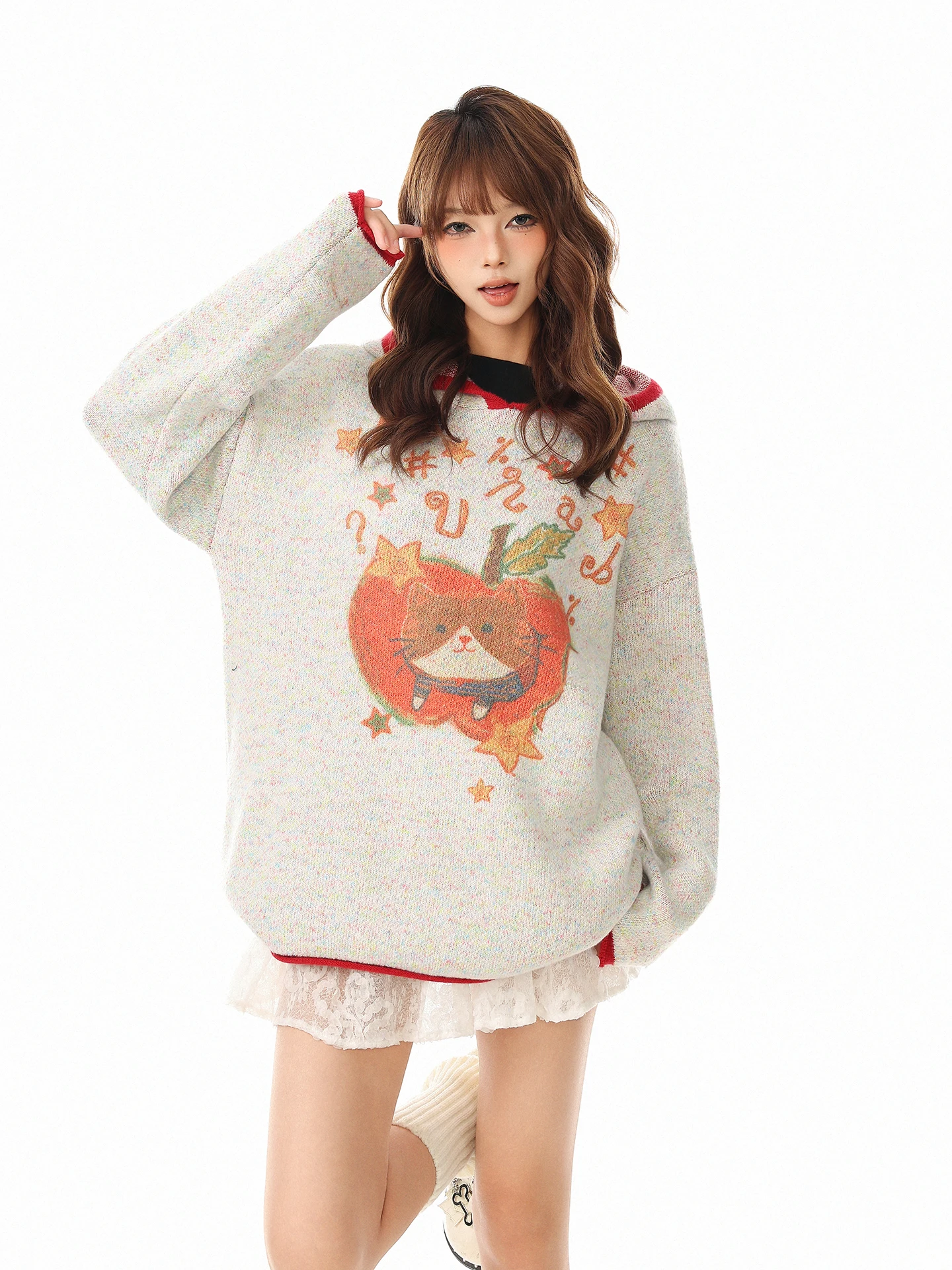 

Boeax Retro Cartoon Print Sweater Women's Loose Versatile Knitted Winter Faionable Warm Casual Long Sve Top