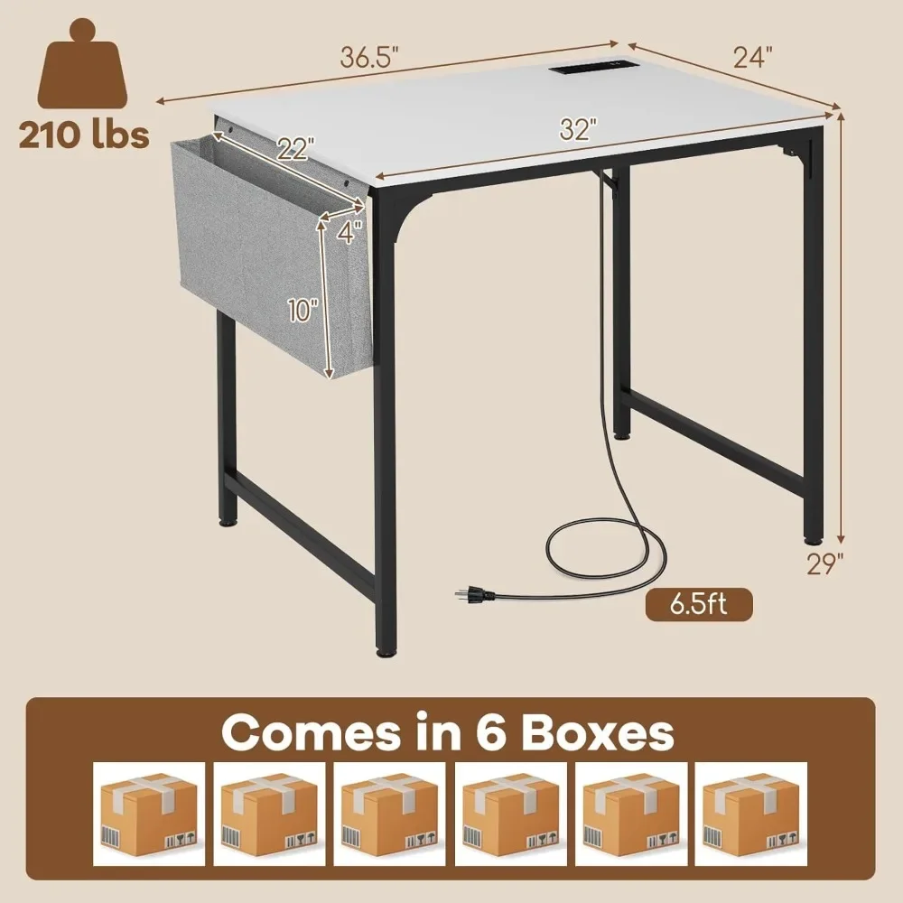 Conference Table Set of 6, Modern Boardroom Desk with Storage Bag, Headphone Hook, Sturdy Metal Frame, Rectangular Seminar Table