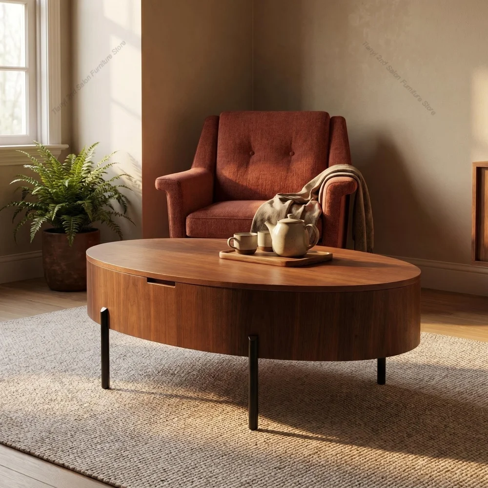 Modern Coffee Table with Solid Wood Veneer; Modern-style Coffee Table with Storage and Adjustable Height Living Room Furniture