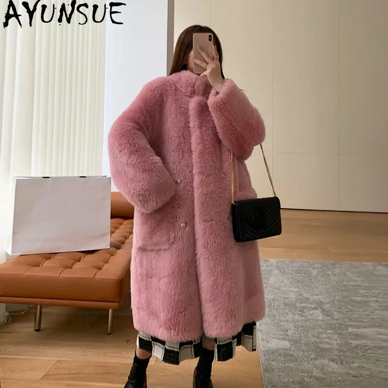 

AYUNSUE 2023 Winter Sheep Shearing Jacket Women 100% Wool Coat Long Fur Coats Women Warm Jackets Overcoat Manteau Femmes Hiver