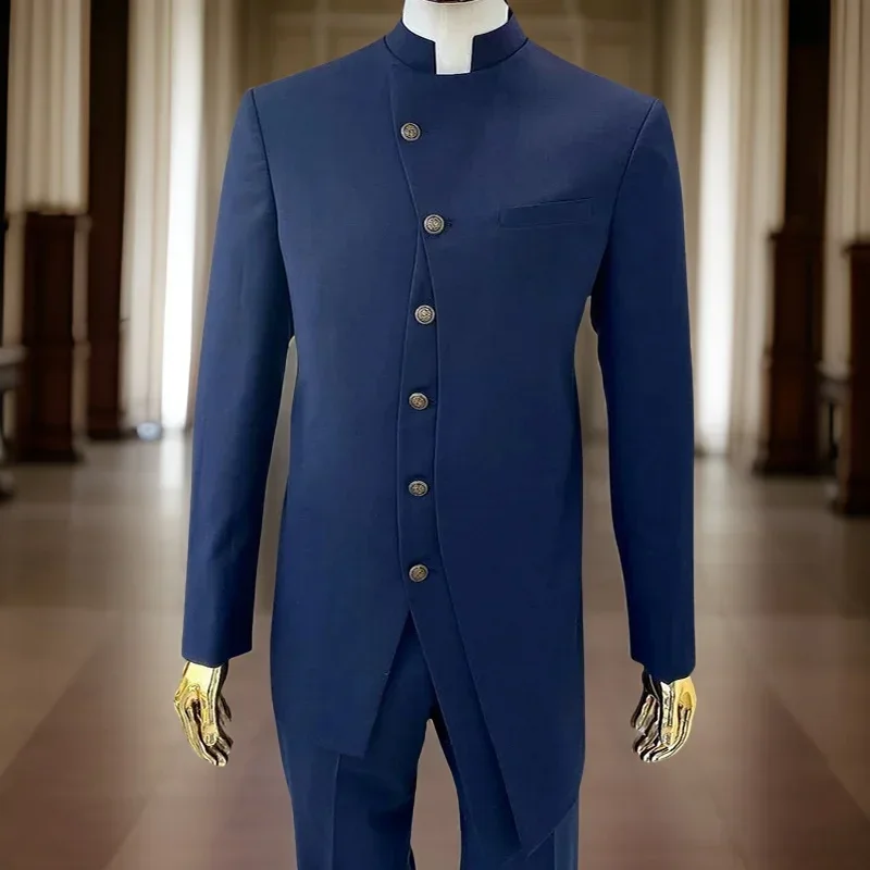 

Formal Suits For Men With Stand Collar 2 Pcs Safari Style Wedding Tuxedo Triple Layer Jacket Pants African Groom Costume