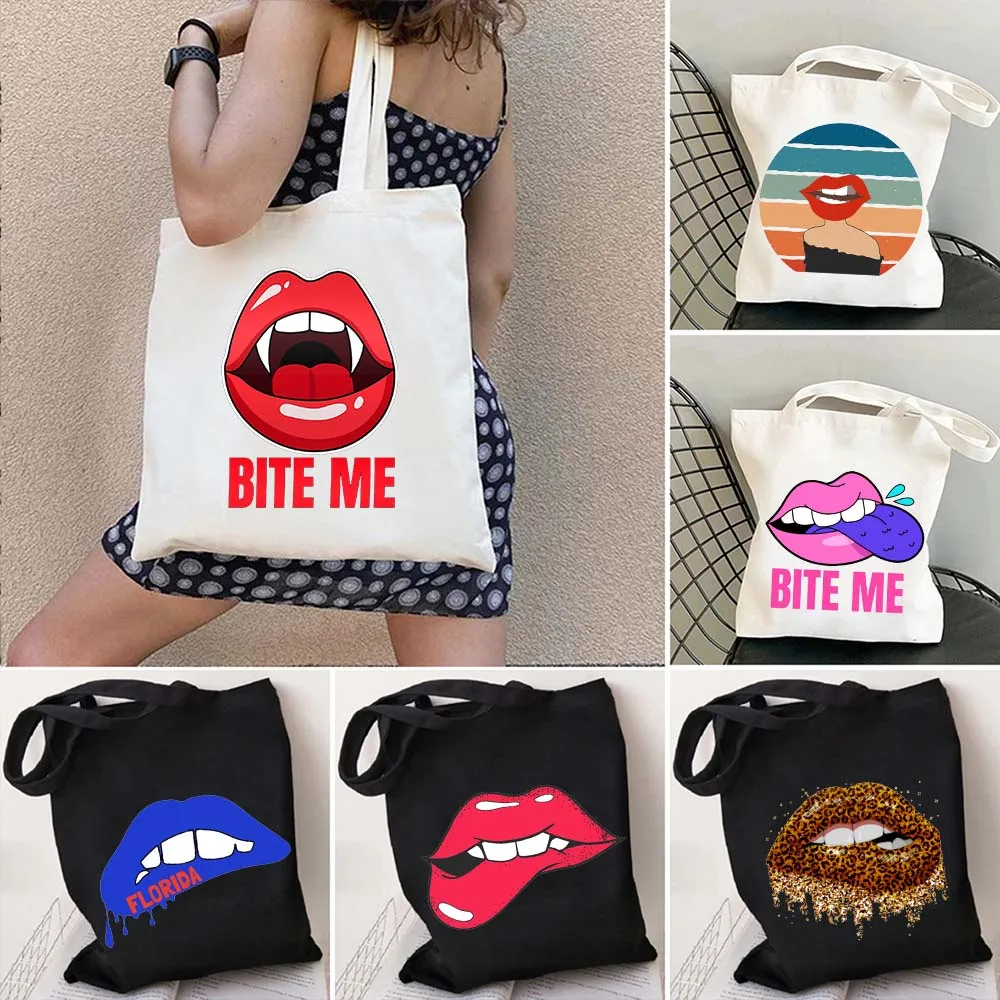 

Girl Sexy Bite Lip Me Pink Red Blue Purple Cheetah Biting Lips Women Shopping Eco Canvas Tote Bag Cloth Shoulder Fashion Handbag