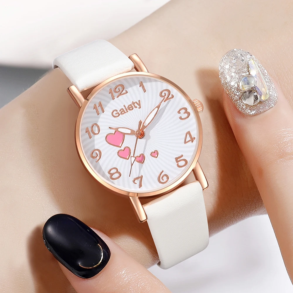 Gaiety White Ladies 6PCS/Set Quartz Watch Leather Strap Wristwatch Love Dial Watch White Love Jewelry Jewelry Set Gift For Her