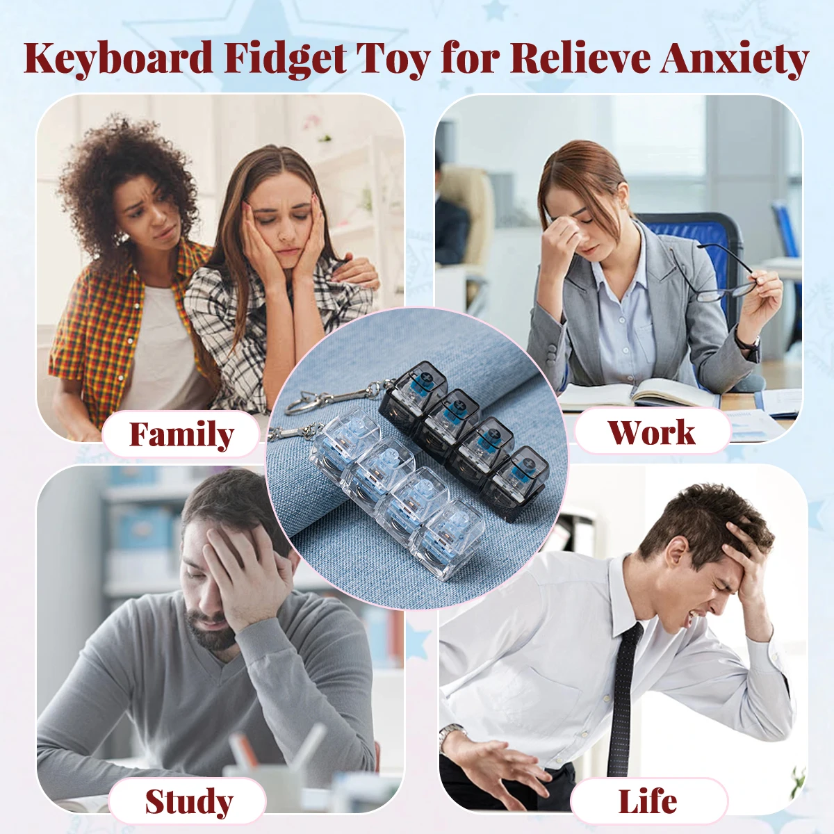 4 Keys Transparent Keyboard Fidget Toys for Adults Keyboard Clicker with LED Light Keychain Fidget for Anxiety Decompression