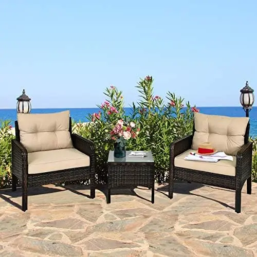 3-Piece Outdoor Rattan Wicker Patio Set with Cushions, Glass Top Coffee Table, Brown