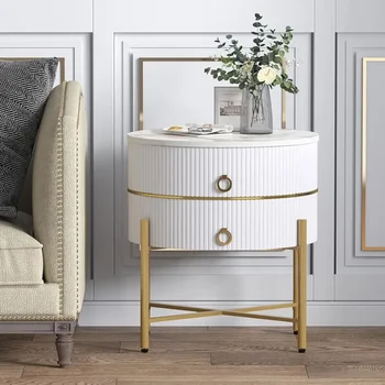 Image FURNITURE White Round Side Table for Living Room, Marble End Table with 2 Drawers,Modern Nightstand with Metal Legs,White & Gold