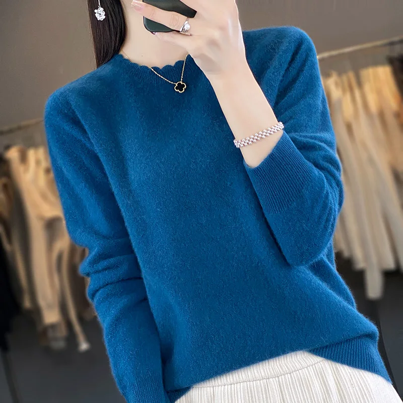 Autumn Winter Women New Wool Blend Sweater Lace Round Neck Solid Color Pullover Long Sleeve Bottoming Casual Warm Knitting Tops