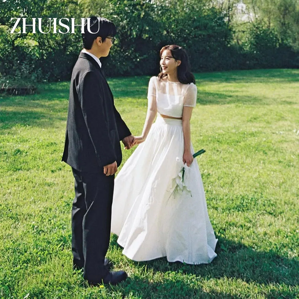ZHUISHU 2 Pieces Korean Wedding Dresses O-Neck Short Sleeves A Line Bridal Gown Customized Photo Shoot Wedding Snap Dresses