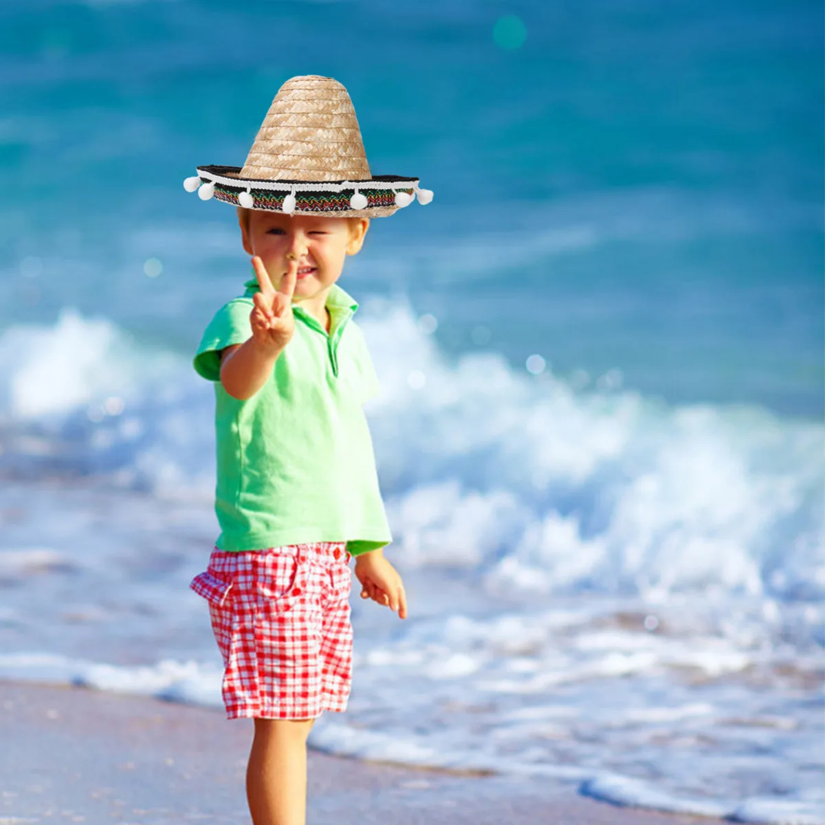 

Mexican Straw Hat Pompom Summer Sun Shade Party Supplies Hawaiian Style Dressing Up Prop Decoration 20cm Grass Color