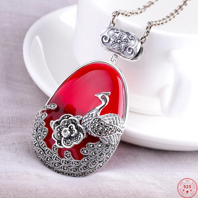 

S925 Sterling Silver Pendants for Women New Fashion Peacock Flower Inlaid Garnet Chalcedony Marcasite Jewelry Free Shipping