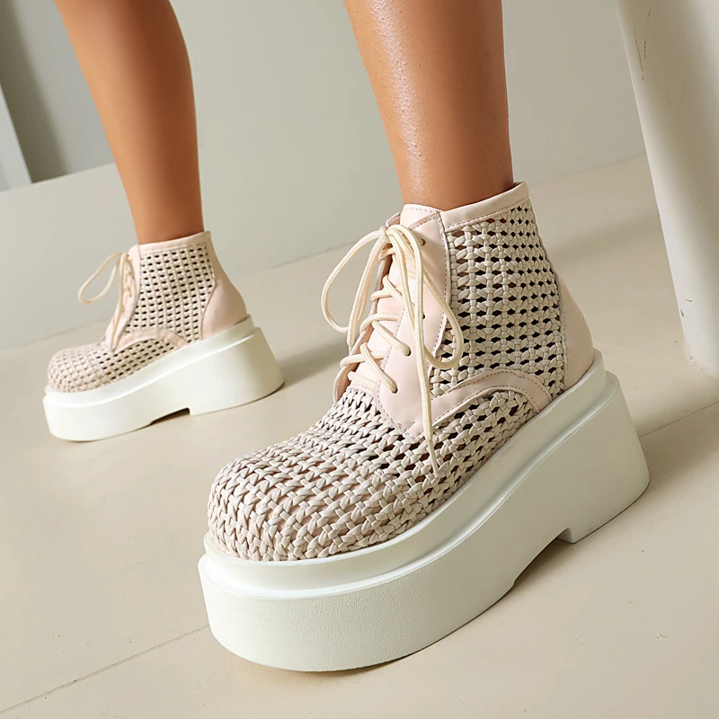 

Women's Boots Thick Soles Cross Tied Ankle Boots Round Toe Summer Hollow Out Height Increasing Lace Up Roman Sandals Cool Boots