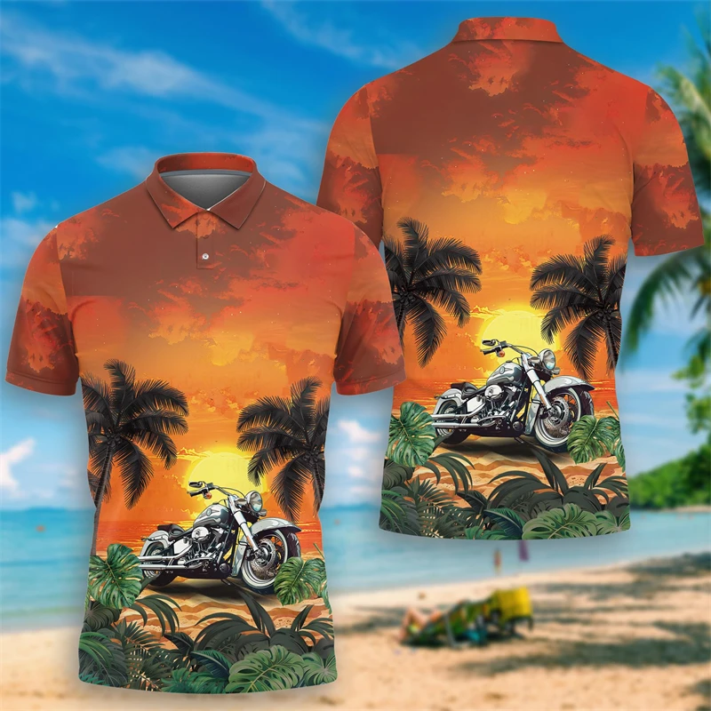 Sunset Vehicles Beach Polo Shirts For Men Clothes Hawaiian Truck Short Sleeve Hippie Bus Tropical POLO Shirt Vacation Car Tops image 5