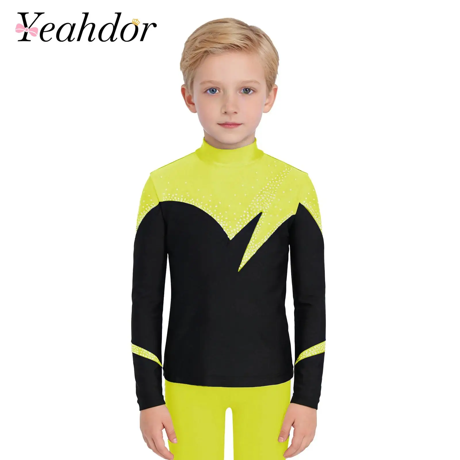 Kids Long Sleeve T-shirts for Boys Ice Roller Figure Skating Costume Mock Neck Long Sleeve Shiny Rhinestones Top T-shirts
