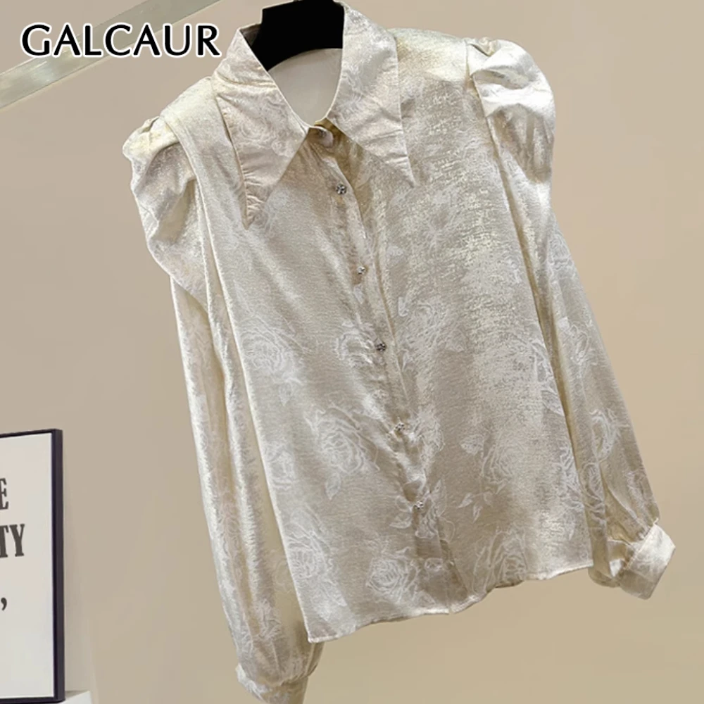 

GALCAUR Solid Slimming Spliced Printing Blouses for Women Lapel Long Sleeves Patchwork Single Breasted Top Female Clothing New