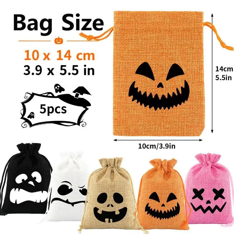 1/5Pcs Halloween Drawstring Gift Bag Pumpkin Ghost Face Pattern Candy Storage Pouch For Kid Trick Or Treat Party Favor Packaging