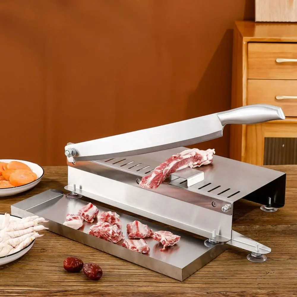 Manual Meat Slicer Thickness Adjustable Stainless Steel Bone Cutting Machine with Storage Tray Rust-proof Mutton Rolls Cutter