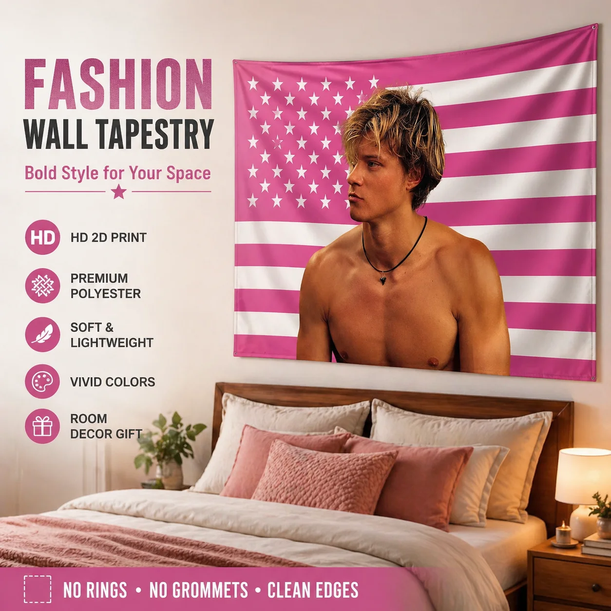 Tapiz con bandera americana rosa, decoración de pared con diseño de surfista rubio, Rudy P-Pankow, impresión plana, decoración estética para habitación, dormitorio, fiesta
