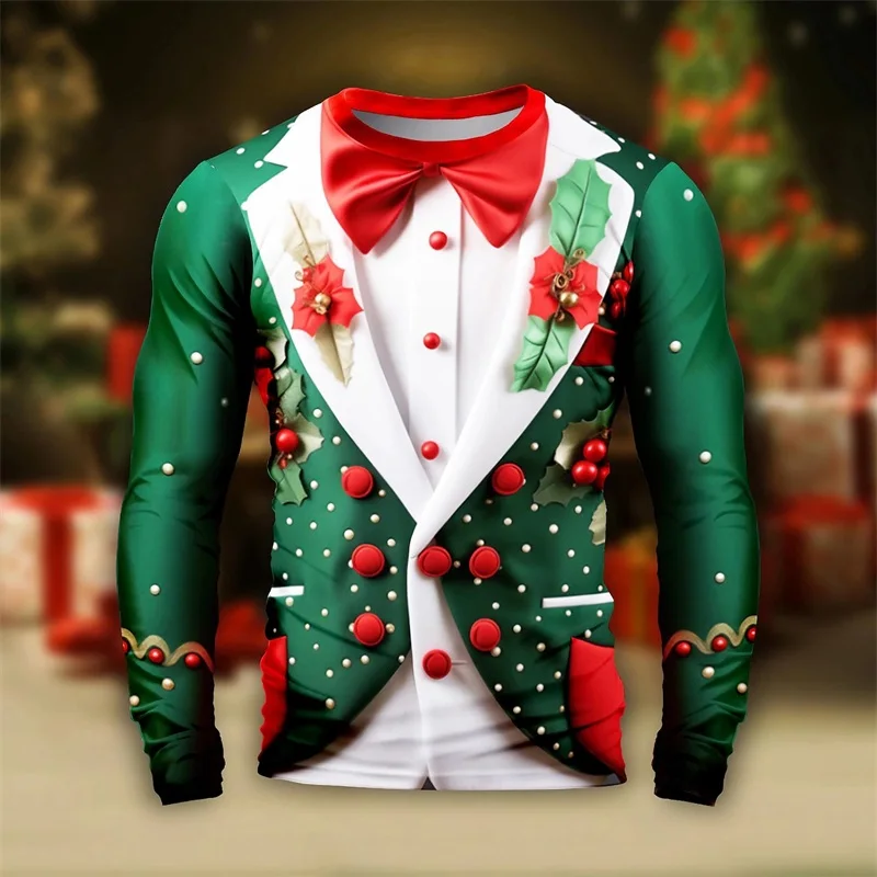 Traje con patrón de copo de nieve de Navidad para hombres y mujeres, Camiseta con estampado 3D, camisetas de manga larga con cuello redondo,