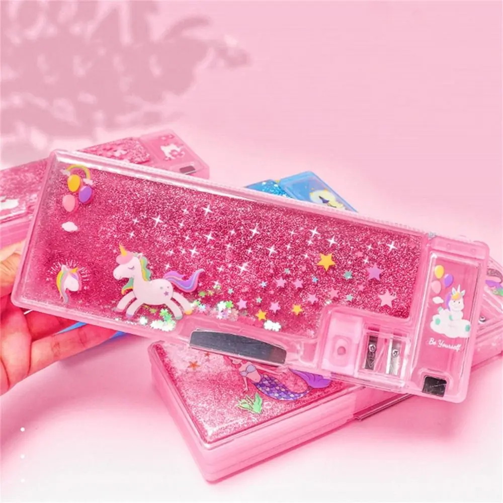 Girls Large-capacity Quicksand Pencil Case Cartoon Mermaid Stationery Box Pink Pencil Box School Supplies