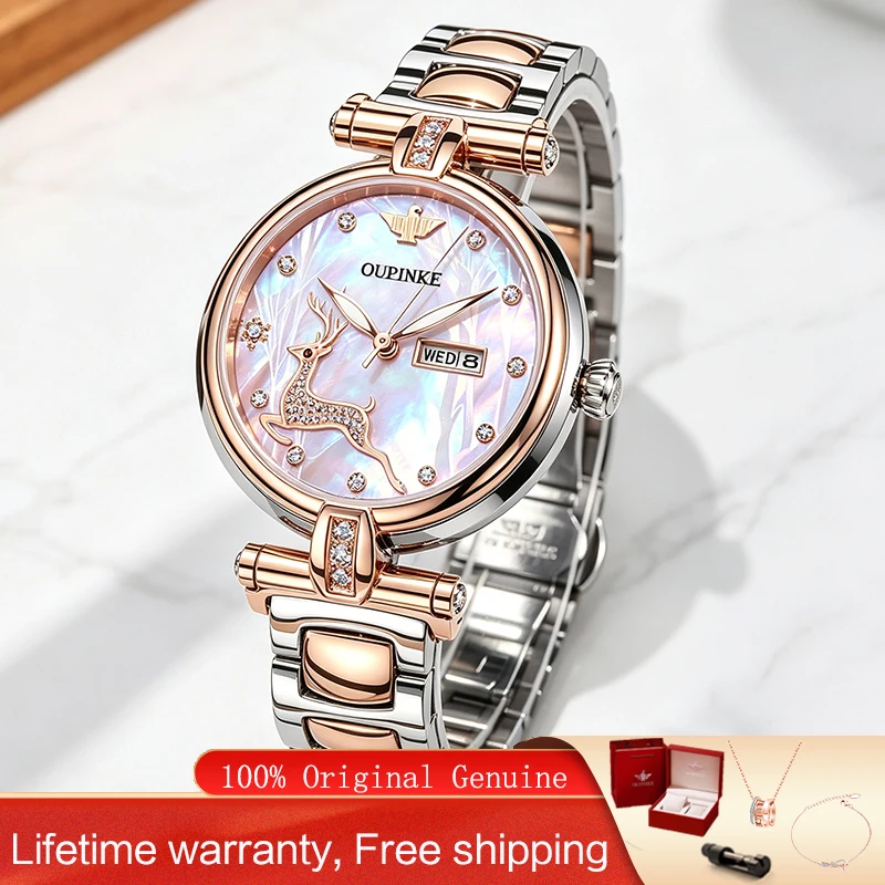 OUPINKE 3180 Luxury Ladies Watch Sapphire Automatic Mechanical Watch Deer Dial Stainless Steel Day Date Watches For Woman Reloj