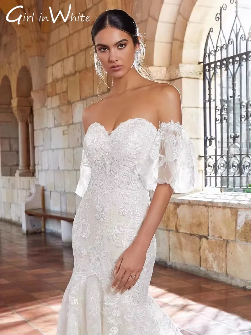 Abito da sposa da sposa a sirena con scollo a cuore Grace con spalle scoperte Abito da sposa ricamato in pizzo personalizzato Sweep Train Abiti da sposa